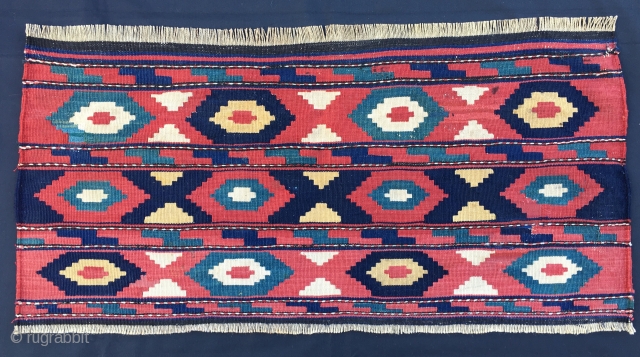Caucasian flatweave mafrash panel. Cm 46x94. Late 19th, early 20th c. Great, deep colors, see the different blues. Some old restorations. Lovely decorative item.         