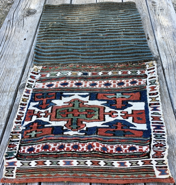 Small but great Shahsavan sumack bag. Unusual, asymmetric, very fine, antique. Never seen something like this. Cm 33x65, open is 36x68. Lovely graphics, great colors, white is cotton. Rare pattern. I especially  ...