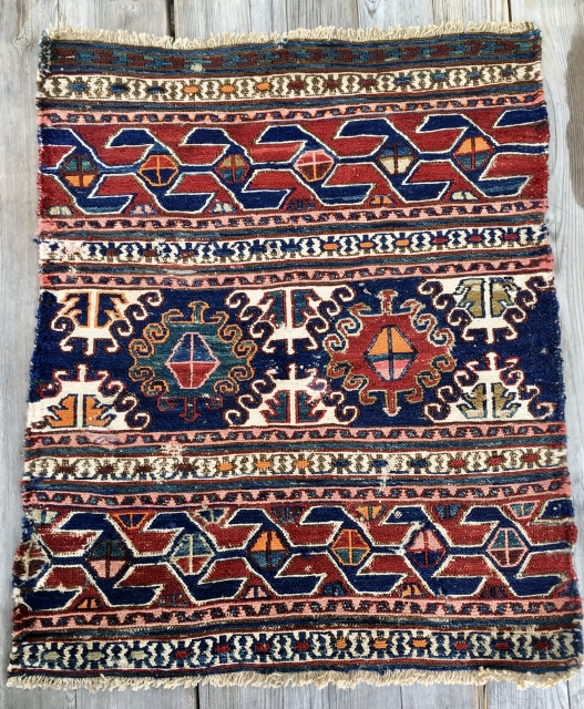 Be a collector! Start with this classic panel. Shahsavan sumack mafrash end panel. Cm 46x56. Reasonably dated early 20th century. Mixed colors. Great green and blue. Wool and cotton. very good pricing:  ...