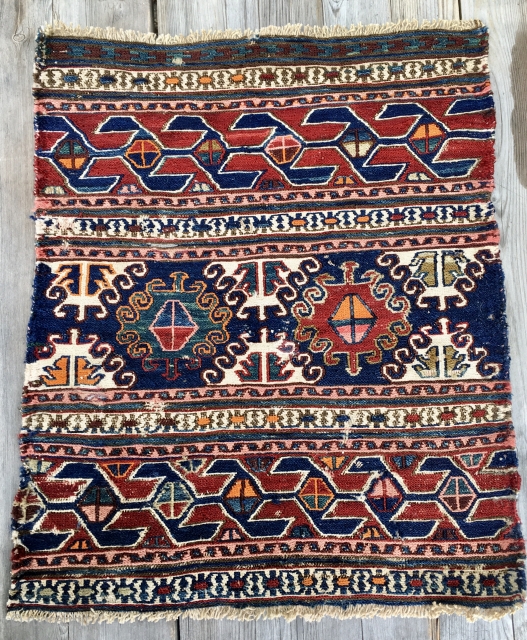 Be a collector! Start with this classic panel. Shahsavan sumack mafrash end panel. Cm 46x56. Reasonably dated early 20th century. Mixed colors. Great green and blue. Wool and cotton. very good pricing:  ...