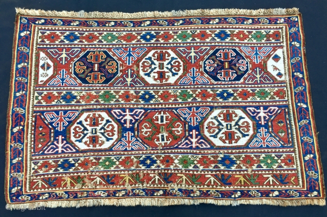 Extremely rare & beautiful. Azerbaijan. North of Baku. Khizy/Xizi. Shirwan? Mafrash sumack side /long panel. Datable 1880sh. Rare & beautiful. Now available.
P.S. According to "MAFRASH", the well known book by Siawosch Azadi  ...