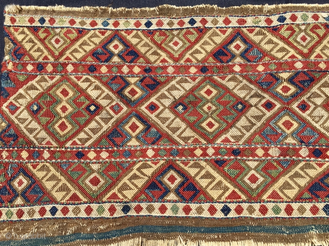 Sumack mafrash side panel. Cm 36x90. 4th q 19th c. Kurdish? Shahsavan? Sinanli? This time cannot decide, need help for right attribution. Great natural saturated colors. Very fine weave. A beautiful tribal  ...