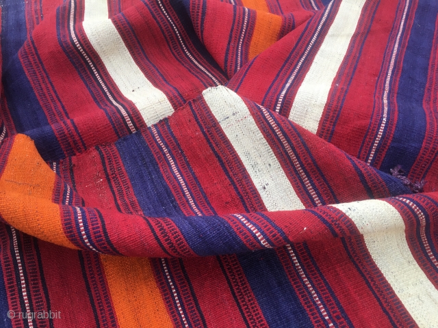 Colorful kilim striped runner/strip. Cm 67x256. 90 to 100 years of age. Most probably Anatolian. Very fine weave. Great colors. Red, orange, blue and white. Warps are dyed in aubergine!! Very unusual.  ...