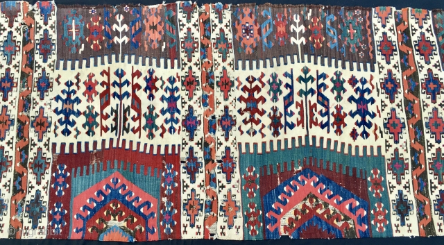 Colors! This kilim strip is a marvel of colors and graphics. East Anatolia, probably Reyhanli tribal group kilim strip. Cm 77x289. Mid 19th century. Wool on wool plus some hard to find  ...