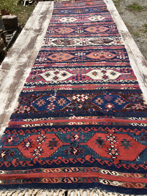 Aleppo❤️ Kilim.
This is the so called Aleppo kilim strip, 
when Aleppo was part of the Ottoman empire.
Cm 90x290.
Great age, most probably mid 19th century, if not even earlier!
Fantastic colors❤️. Lovely pattern❤️.
Several minor  ...