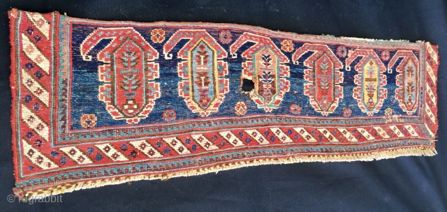 Antique South Persian mafrash panel with colorful both design.
Cm 30x110 ca
End 19th century
Great pattern and great colors. Six lovely boteh of different color
Condition issue: one hole to report.
Please email carlokocman@gmail.com   
