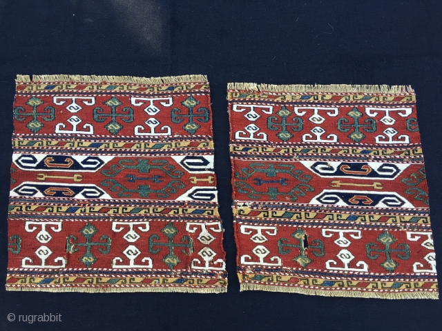 Karabagh sumack mafrash end panels. Antique & sweet. Sizes: cm 36x36 and 37x38. Lovely natural saturated colors: madder red, two indigo blues, a strong yellow, a deep green. White is cotton. Nice  ...