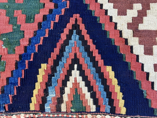 Caucasian, Kazak? kilim mafrash long panel. Cm 56x99. End 19th century ca. Great panel in great condition with lovely pattern and wonderful natural saturated colors. Dark magenta, yellow, green, various blues, etc.  ...