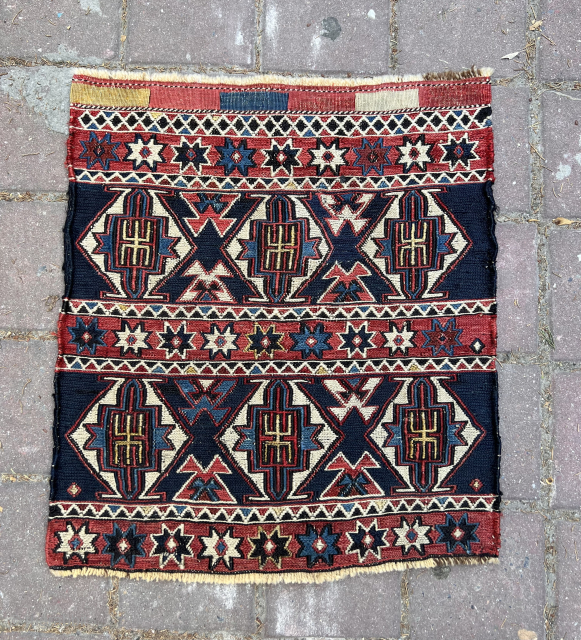 Rare if not unique design on this Caucasian sumack bag face. Frankly I thought it was/it is a Shahsavan item. Actually so rare that nobody really knows. I also thought it could  ...