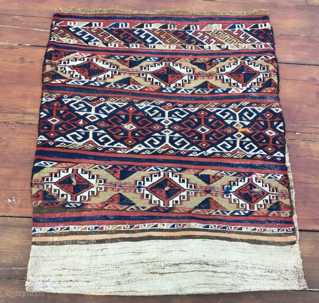 Bergama, Kilaz? Western Anatolia complete cuval with back. Cm 80x97, open is cm 80x195. Natural dyes, lots of dileks/wishes, good condition.            