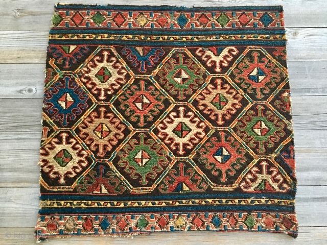 Shahsavan sumack mafrash panel. Cm 44x46. Imho 1840/1860. Deeply saturated colors, see the yellows, see the greens....etc….. Simple but sophisticated design. See the details, the back...! Simply wonderful. One of the oldest  ...