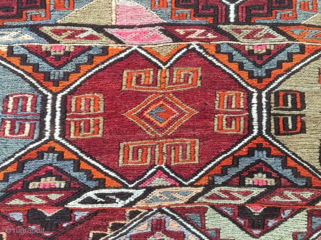 Toros mountains big cuval/bag face. Cm 90x100 ca. Early 20th century.  Goat hair warp, woolen weft, flat weave and cicim work. Mixed colors. Reasonably priced & highly enjoyable.    