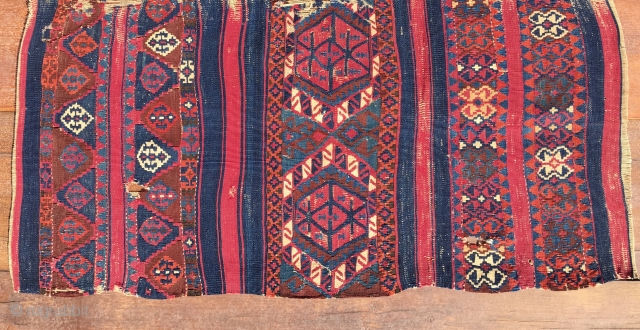 Color kilim wonder fragment. Cm 60x115 ca. 1860sh. South East Anatolia, could be Malatya area. If you succeed to bypass the condition issues of this fabulous fragment you will enjoy the wonderful  ...