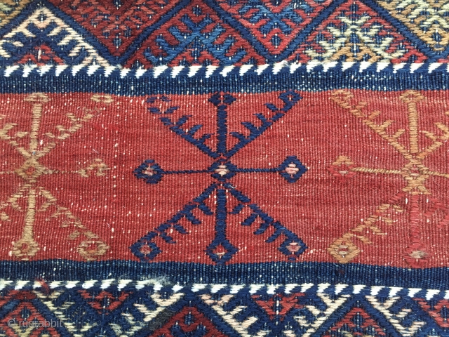 Western Anatolia, Turkey. Bergama area cuval/storage bag face. Cm 70x83. End 19th century. Beautiful natural colors: see madder red and indigo blue. A few holes and tears.      