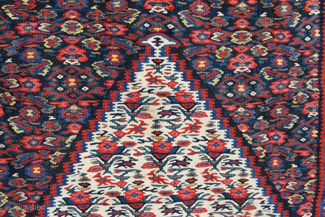 Masterpiece!
Age, balance, colors, pattern, condition......
Beautiful Senneh/Sinna kilim. Kurdistan, Western Iran. 
Cm 105x150. Late 19th/early 20th century.
Mint conditions.
Great, deep, saturated, natural colors. 
Lovely pattern with flowers, animals, symbols, etc
Please email carlokocman@gmail.com
   