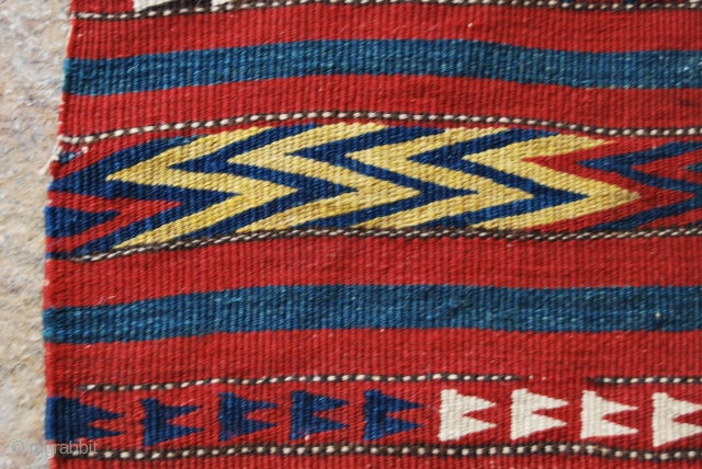 Sara-i-pul kilim fragment. Cm 118x132. Early 20th century. Afghanistan. Woven by Uzbekh tribes. Great colors, great pattern. Very thin & soft. Holes, tears, old moth problem,…..but still a nice piece. A real  ...