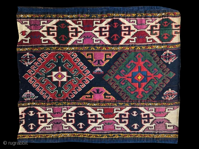 Top Sumack Shahsavan mafrash end panel. Cm 46x54. 1880sh. Deeply saturated natural colors in a very bold combination. Finest possible weave. In mint condition. A real jewel. Not to miss.   