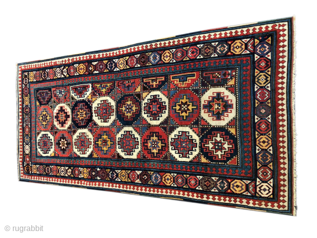 Shahsavan antique rug from Mogan Savalan area in Northern Caucasus.
Size is cm 115x240. 
Datable 1840/1860, one of the oldest rugs from this area.
The pattern has got 16 Memling guls in two rows  ...