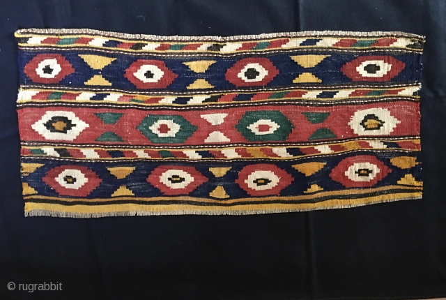 Caucasian flat weave mafrash long panel. Cm 46x96. Most probably Kazak, Bordjalu village. Macro pattern with lovely colors. In good condition.
            