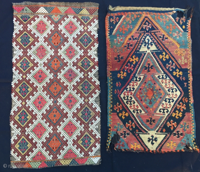 2 Yastik faces. Central Anatolia, probably Sivas. Cm 50x94 & 49x83. Vintage left, antique right. Good cond left, a bit wrecked right. Both beautiful. Get them mounted. € 290 plus shipping for  ...