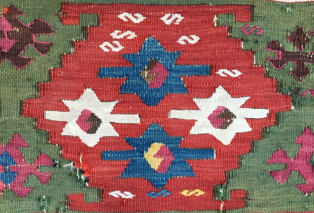 Yes, this is a great Kilim fragment! East Anatolia, I assume Reyhanli tribal group. Cm 70x90 ca. Datable 1870/1890.Wool and cotton. Most colors are present, all natural, saturated, wonderful. Pattern is also  ...