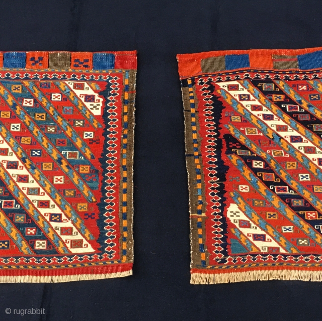 Shahsavan sumack twin khorjin bag faces. Cm 53/53 and 54/54. Age: 100 to 110 years imho. Great pattern. Lovely colors. As usual at this age orange might not be natural. Difficult to  ...