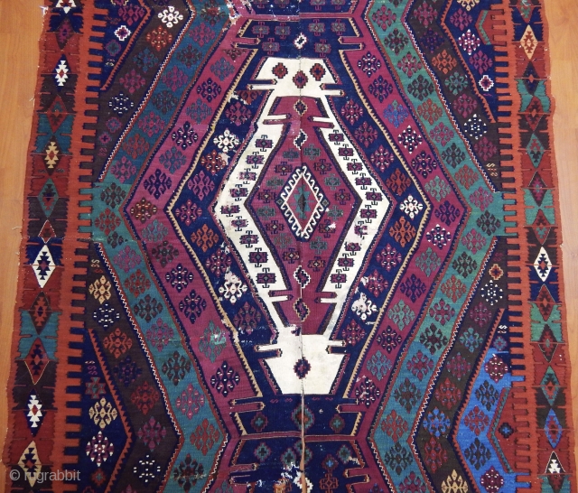 Armenian Reshwani kilim. Cm 160x420. Unusual Reshwani dyed certainly by an Armenian expert dyer who used as much dye as it could be used for 4, 5 kilims. Yes, colors are deeply  ...