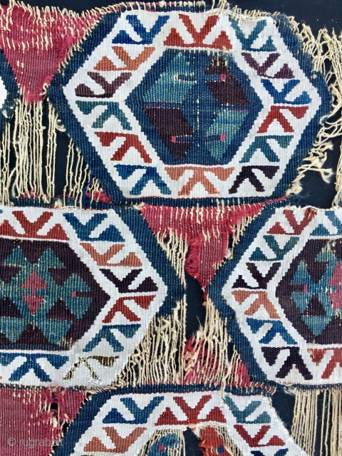 Get one or both fragment strips. Almost certainly Nigde area, Cappadocia, Central Anatolia. Cm 60x175 each. Datable 1860/18800. Great pattern, great colors, rare, collector's item.        