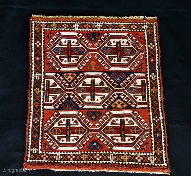 Khyzy or Xizi ----------- 
Azerbaijan sumack khorjin bag face. 
Cm 43x49. Late 19th, early 20th century, so 100 to 120 years old. 
North east of Baku. 
Beautiful, rare, proportioned, collectable. 
Most colors  ...