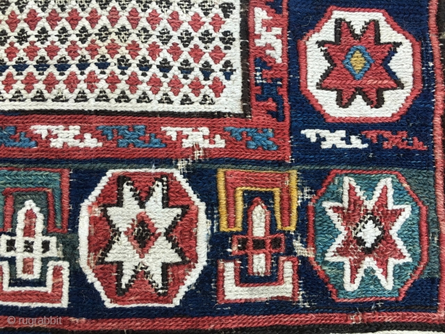 Azerbaijan. Baku sumack khorjin bag face. Cm 34x42. 4th quarter 19th century. Lovely pattern, great natural saturated colors. A little tribal textile jewel.          