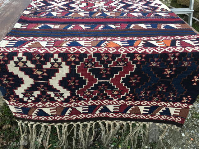Sinanli, Reshwani group kilim.
Turkey, Eastern Anatolia, Malatya
Cm 85x310.
End 19th century.
Super color saturation.
Wool, cotton, metal thread.
Great condition.
Available by DM and/or email: carlokocman@gmail.com
            