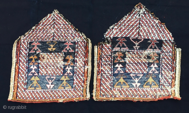 Two Bakhtiari sumack mafrash end panels with triangular top. Cm 51x62 and 56x64. Wool & cotton. Datable back to end of 19th, early 20th century. Tears, holes, need washing and caring. Was  ...