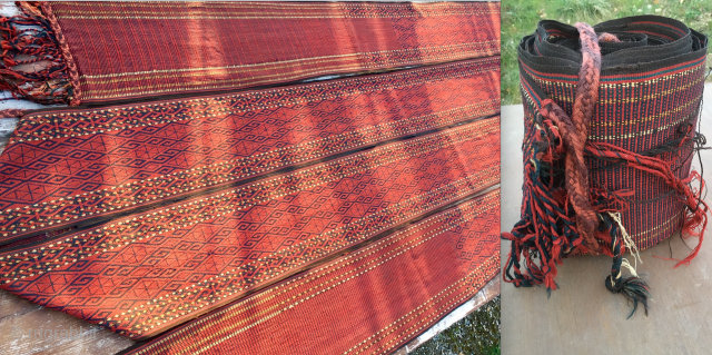 Turkmenistan: An important collection piece!
Turkmen tribal group. Yomut/Yomud main tribe
Tent/yurt complete band.
Size is cm 28x1570 or inch 11x618, plus long fringes.
Antique, over 100 years old.
Beautiful, in mint conditions.
Awesome natural saturated dyes.
Fantastic weaving  ...