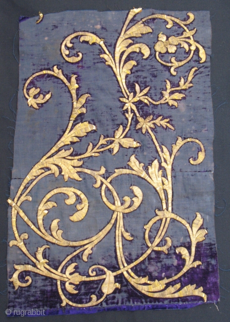 19th century Ottoman velvet fragment. Metal embroidery on silk.  Cm 30x46 or in 11.8x18.1. Not much velvet left, but beautiful. Found framed several years ago in Damascus.     