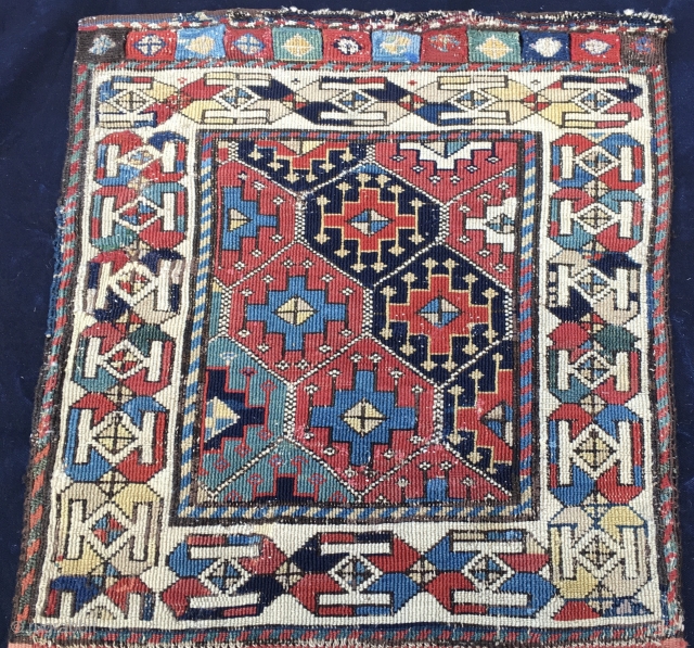 Shahsavan Sumack khorjin bag face. Cm 54x58. 1880sh. The rich and proud weaver could afford to buy little, expensive fuchsine, while for the others went on as usual......with natural dyes. Note the  ...