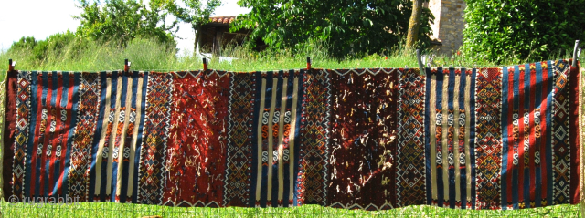 Eastern Anatolia Malatya wedding kilim strip. 
Probably Sinanli tribal group work. 
Size is cm 88x372. 
Datable end 19th/early20th century. 
In mint condition. Great, natural colors. 
Lots of "dileks"/wishes.
Pls email carlokocman@gmail.com   