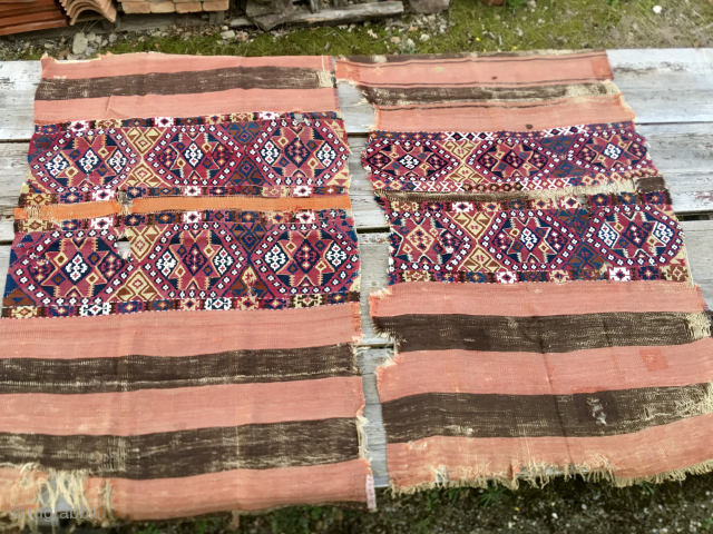 Pair of antique, fragmented East Anatolian cuvals/storage bags
Most probably Sinanli tribal group work
Or Reyhanli?
Datable to the 3rd quarter of the 19th century or even earlier
Great star pattern
Some metal thread here & there
Awesome  ...