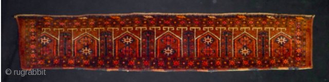 Turkmen Ersari trapping. Cm 33x170. Late 19th/early 20th century. In good condition, full pile. Beautiful collection item. Lovely yurt design with trees in between. The graphic is great! 
    