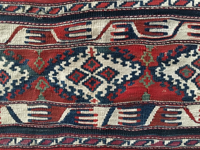 Malatya area, Sinanli tribe, part of the bigger Rashwani tribal group kilim fragment. Cm 72x86. 3rd q 19h c. Lovely colors, see madder & cochineal. Rather rare piece. Very much enjoyable. -------  ...