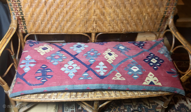 Sarkoy kilim cushion.
Size is in cm: width 45, lenght 100, height 12.
This lovely cushion was made with an antique & wonderful Sarkoy kilim fragment.
The fragment is datable back at least to the  ...