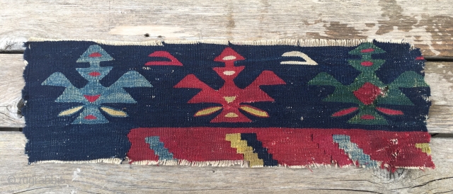 Sarkoy kilim fragment. Cm 18X55. 2nd half 19h c. Very fine weave. Wonderful colors. Long story behind this fragment: about 40 years ago 2 guys from Serbia found/bought a wooden chest in  ...