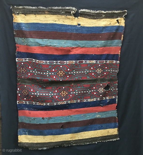 Super East Anatolian cuval/storage bag with fantastic graphics and wonderful colors. Size is cm 105x140 ca. Datable end of 19th century. Obvious condition issues with tears, holes, uneven. But look at the  ...