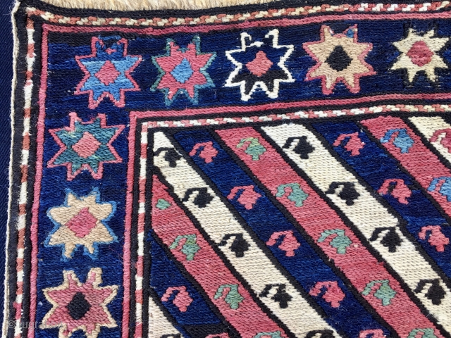 Stars & Stripes & Colors. Shahsavan beautiful sumack bag face. Cm 46x46 ca. Early 20th century if not before. Great pattern with stars in the wide border and diagonal m   