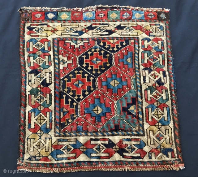 Shahsavan Sumack khorjin bag face. Cm 54x58. 1880sh. The rich and proud weaver could afford to buy very little of the expensive fuchsine, while for the others went on as usual......with natural  ...