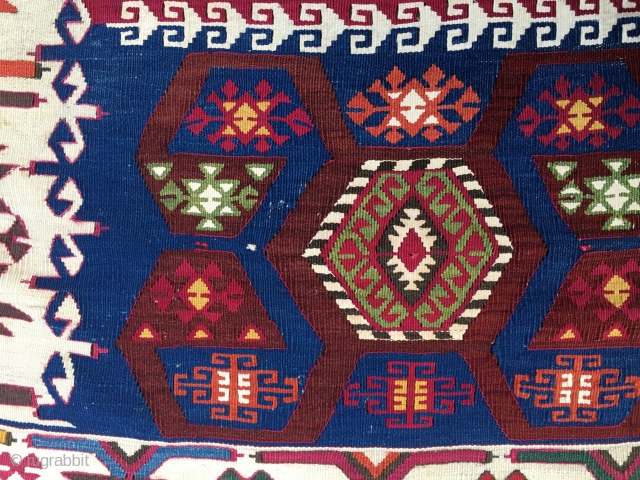 The Power of Colors! - Eastern Anatolia, Malatya area kilim strip. Cm 75x340.  2nd half 19th century. Wonderful dyes. Great ram horn pattern. Some minor condition issues.     
