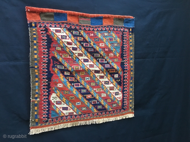 Shahsavan sumack khorjin bag face. Cm and 54/54. Age: 100 to 110 years. Great pattern. Lovely colors. As usual at this age orange might not be naturaL, but still not bad at  ...