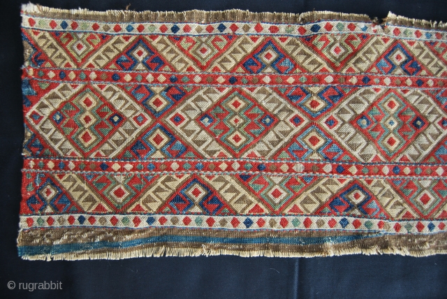 Caucasian Sumack Mafrash Long Panel. Cm 35x92. 3rd/4th q 19th c. Could be Azeri? Shahsavan? Very fine & tight work. Great colors: greens, blues, red, brown…. Needs another good wash.   