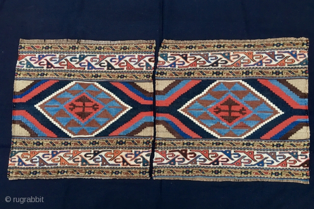 Twin kilim & sumack panels attributed to the Shahsavan tribal group. Cm 46x48 and 46x51. Early 20th century. Great sumack graphic tripes. Lovely, though mixed, colors. In very good condition. Get on  ...