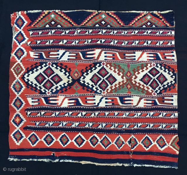 Eastern Anatoiia, Malatya area, Sinanli tribe, part of the bigger Rashwani tribal group, kilim fragment. 3rd q 19h c. Lovely colors, see green, madder & cochineal. Rare piece.     