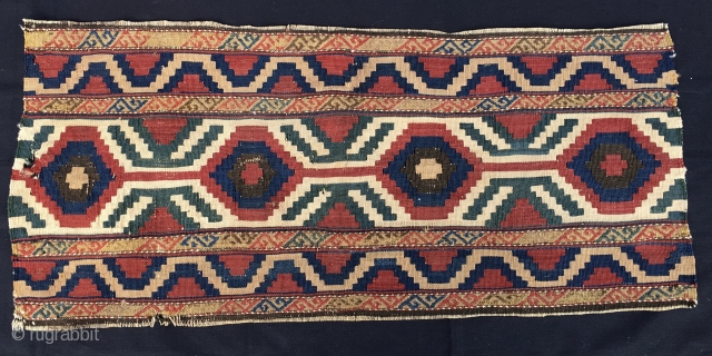 Caucasian mafrash long panel. It should be a Kazak Bordjalu. Cm 50x110 ca. Make it a wonderful bed side rug or hang it. Antique & cheap. Pretty good cond.    